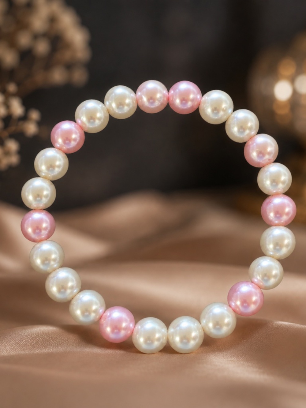 Pink & White Faux Pearl Choker Necklace Stretch Elastic
